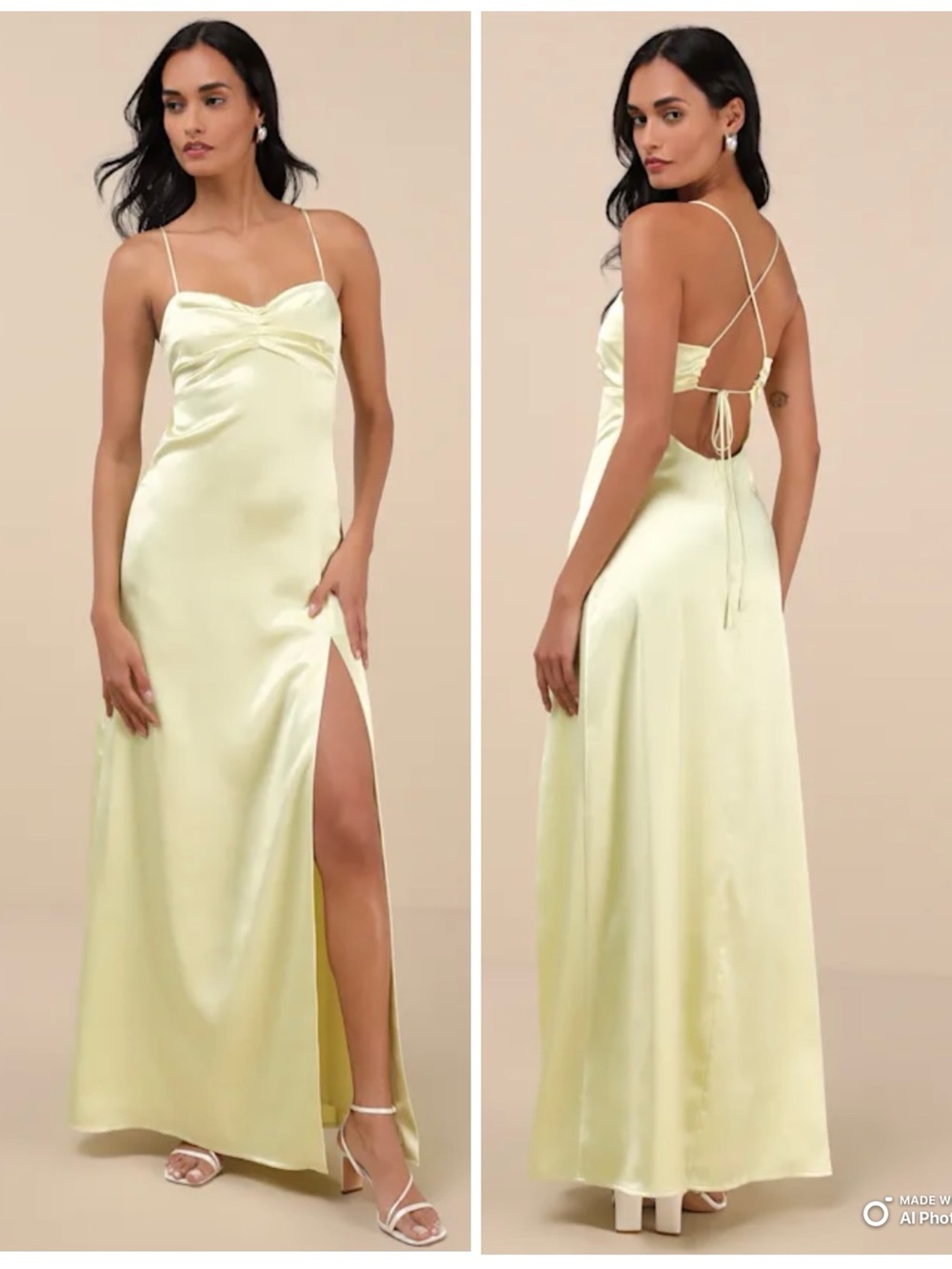 Lulus Medium Stunning Example Light Yellow Satin Backless Maxi Dress NWT Party